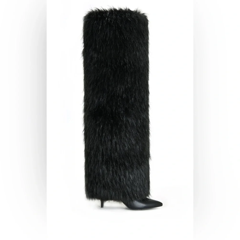 AZALEA WANG Langleye Black Faux Fur Over The Knee Stiletto Boots 6.5